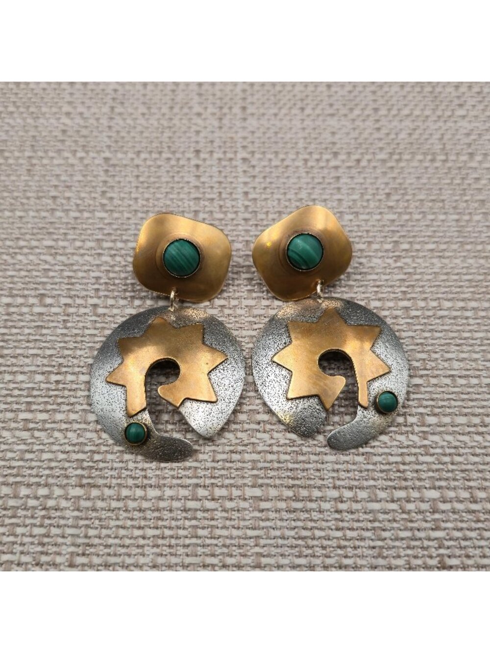 Sterling Silver & Brass Malachite Stone Sunburst Earrings A7359 - Picture 1 of 6